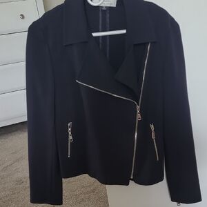 Tahari Navy Asymmetrical Zipper Jacket